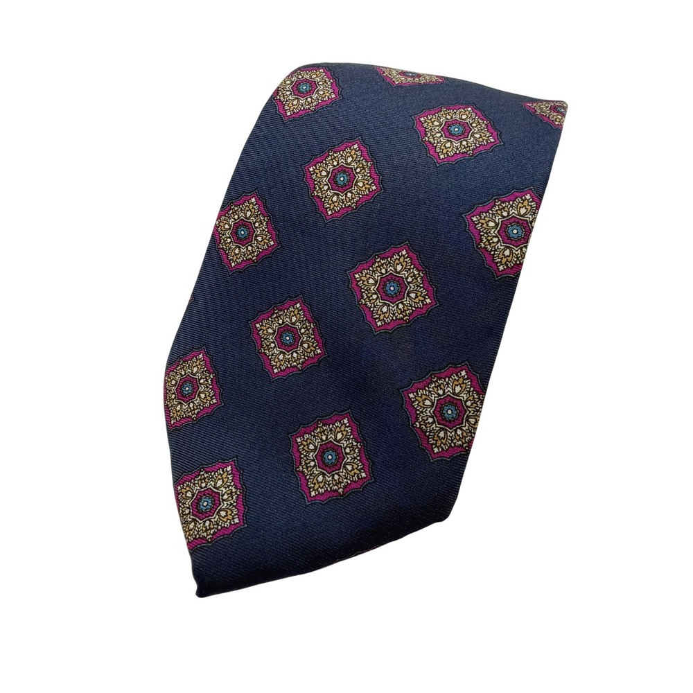 Brooks Brothers Necktie Mens OS Navy Blue Medallion Silk Classic Geometric Tie